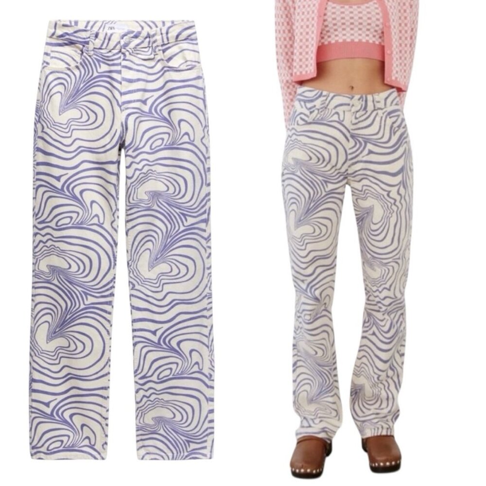 Zara Jeans Size 4 USA Purple Cream Swirl Printed Denim High Rise Straight Leg